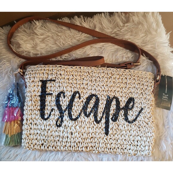 INC Straw Crossbody Bag Escape Script Womens Summer Boho Beach Vacation Wristlet - Picture 1 of 4